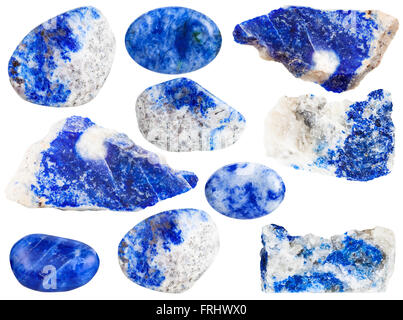 Set di blu del lapislazzuli (azure pietra, lazurite) gemme minerali isolati su sfondo bianco Foto Stock