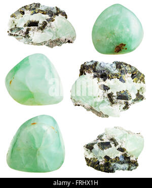 Set di Prehnite verde pietra minerale e Lucido gemme isolati su sfondo bianco Foto Stock