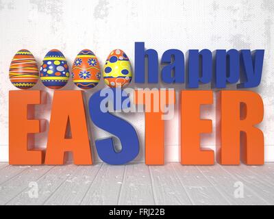 Uova di Pasqua e le parole buona Pasqua. 3D render illustrazione isolati su sfondo bianco Foto Stock