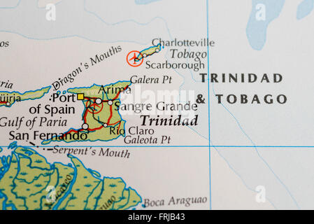 Close up della mappa di Trinidad e Tobago nei Caraibi Foto Stock