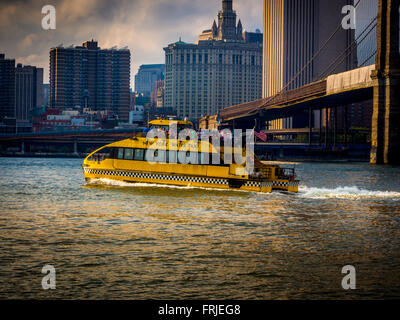 New York Water Taxi con ponte di Brooklyn sull'East River, New York, Stati Uniti d'America Foto Stock