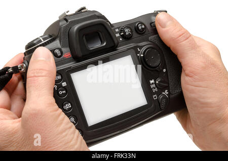 Telecamera isolata in mani. Isolato schermo bianco per mockup Foto Stock