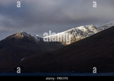 Picco di montagna Braigh un Choire Bhig con il Loch Mullardoch in primo piano nelle Highland Scozzesi Foto Stock