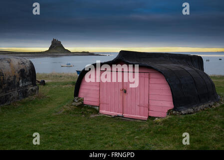 Lindisfarne Castle e le aringhe capannoni in barca che circondano il porto ancora oggi in uso dai pescatori per il lavoro e lo storage Foto Stock