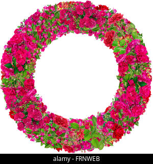 Round photo frame realizzato da rosa rose estate rami boccioli e fiori. Abstract collage isolato Foto Stock