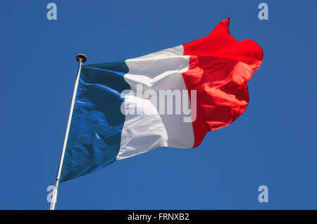 Bandiera francese che fluttua in un vivace brezza contro un luminoso cielo blu. Foto Stock