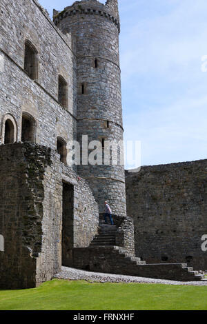 Le rovine del castello di Harlech nel Galles del Nord, visitato da toursits e vacanzieri touring i bastioni e le torri. Foto Stock