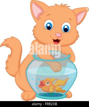 Kitten la pesca di pesci rossi in un acquario ciotola Illustrazione Vettoriale