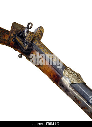 Ottomano Turco Musket, dettaglio, primo piano di serratura, decorazione insolita, applicazioni in oro sul barile, applicazioni in argento sul stock.17-18 secolo Foto Stock