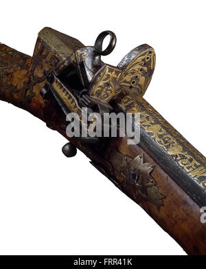 Ottomano Turco Musket, dettaglio, primo piano di serratura, decorazione insolita, applicazioni in oro sul barile, applicazioni in argento sul stock.17-18 secolo Foto Stock