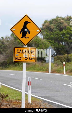 Segno attenzione pinguins vicino a Punakaiki, regione West Coast, Isola del Sud, Nuova Zelanda Foto Stock