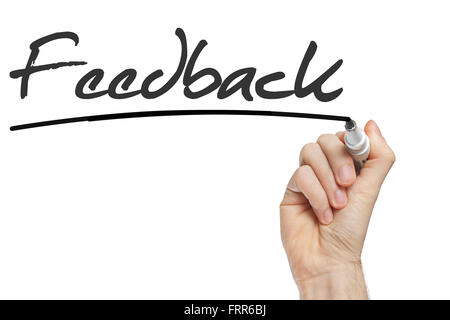 La scrittura a mano feedback con il pennarello nero su trasparente scheda di pulizia. Foto Stock