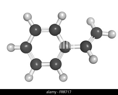 Struttura chimica di stirene (vinil benzene), polistirene (PS) di plastica building block. Foto Stock