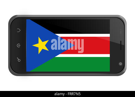 Il sud Sudan bandiera sulla schermata dello smartphone isolato su bianco Foto Stock