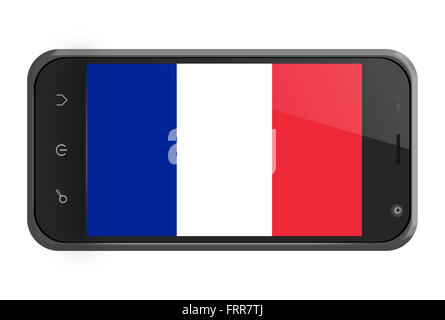 Bandiera della Francia sulla schermata dello smartphone isolato su bianco Foto Stock