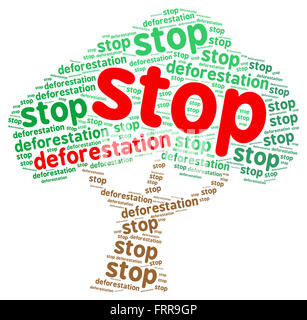 Fermare la deforestazione word cloud in una forma di un albero, isolato su bianco Foto Stock