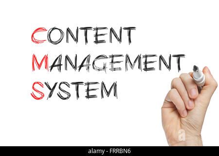 La scrittura a mano sistema di gestione del contenuto su una lavagna bianca Foto Stock
