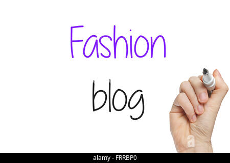 La scrittura a mano blog di moda su una lavagna bianca Foto Stock