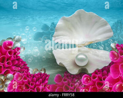 Illustrazione astratta sfondo con perla, shell, acqua, corallo e madreperla Foto Stock