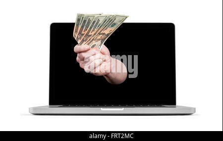 Come ottenere denaro dal monitor di un laptop schermo - Transazione Online Banking Online tema. Foto Stock