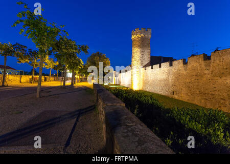 La cinta muraria di notte, Obernai, Bas Rhin, Alsace Francia Foto Stock