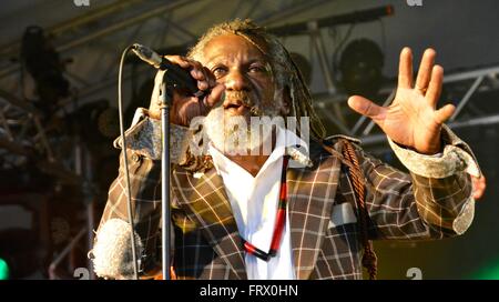 Winston McAnuff, parte di Winston e Fixi, Womad 2015, Charlton Park, Wiltshire, Inghilterra, Regno Unito, GB. Foto Stock