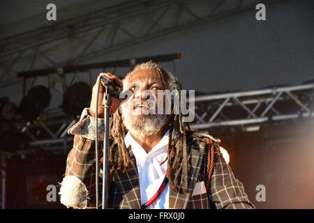 Winston McAnuff, parte di Winston e Fixi, Womad 2015, Charlton Park, Wiltshire, Inghilterra, Regno Unito, GB. Foto Stock
