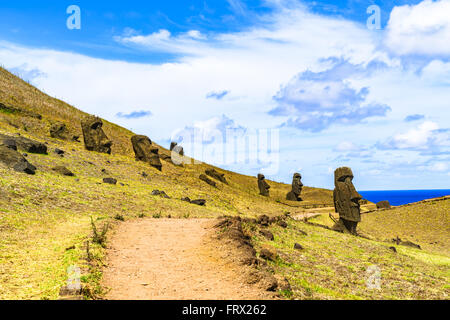 Moai alla cava Rano Raraku nel Parco Nazionale di Rapa Nui, Cile Foto Stock