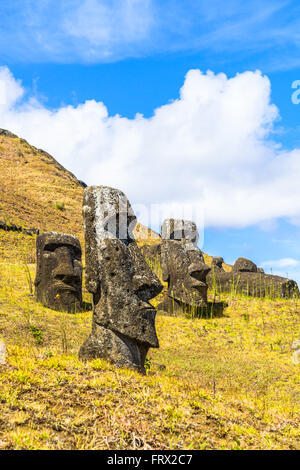 Moai, pietra vulcanica carving al Parco Nazionale di Rapa Nui in Isola di Pasqua, Cile Foto Stock