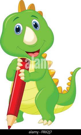 Felice dinosaur cartoon holding matita rossa Illustrazione Vettoriale