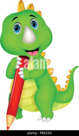 Felice dinosaur cartoon holding matita rossa Illustrazione Vettoriale