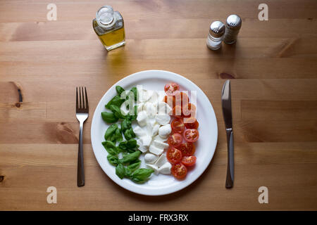 Italia su una piastra. Miglior italiano ingredienti: basilico, mozzarella e pomodoro ciliegino, che rappresentano anche i colori dell'Italia del flag. Foto Stock