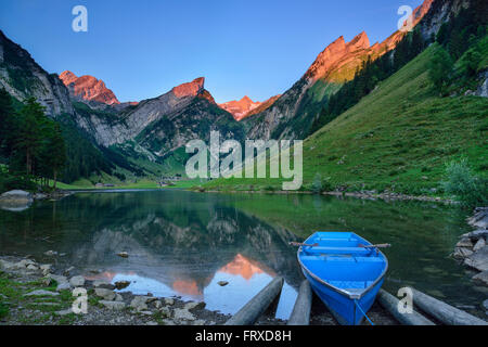 Vista sul lago Seealpsee per montare Saentis, Alpstein, Appenzell Alpi del Canton Appenzello Interno, Svizzera Foto Stock