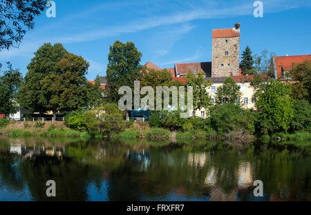 Fiume Regen e la città vecchia di Cham, Foresta Bavarese, Baviera, Germania Foto Stock