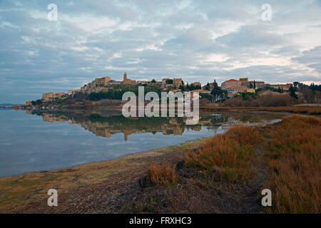 Vista su étang de Bages et de Sigean, a Bages, Parc Naturel Régional de la Narbonnaise en Méditerranée, Dept. Aude, Languedoc-Roussillon, Francia, Europa Foto Stock