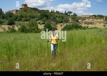 Donna nordic walking attraverso un campo ai piedi dell'azienda vitivinicola Palazzo Massani, nei pressi di San Quirico d'Orcia, Toskana, Italia, Europa Foto Stock