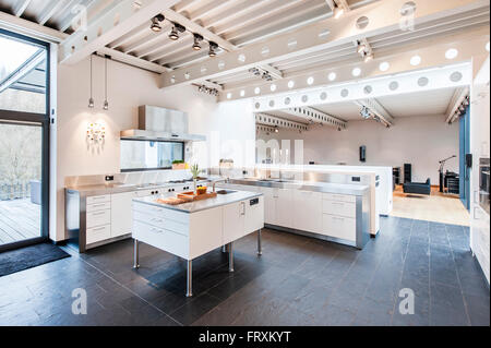 Cucina a pianta aperta all'interno di una villa di Bauhaus, Sauerland, Germania Foto Stock