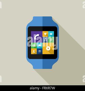 Moderne smart watch illustrazione nella piana di stile arte con coloratissime icone sociale interfaccia su schermo. EPS10 vettore. Illustrazione Vettoriale