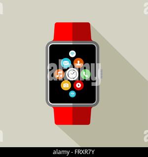 Moderne smart watch illustrazione nella piana di stile arte con colorati app icone cerchio sullo schermo. EPS10 vettore. Illustrazione Vettoriale