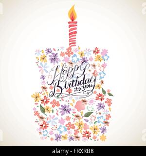 Bella Buon compleanno calligrafia design poster con elementi floreali Illustrazione Vettoriale