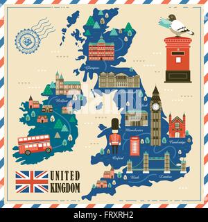 Incantevole Regno Unito mappa di viaggio con attrazioni Illustrazione Vettoriale