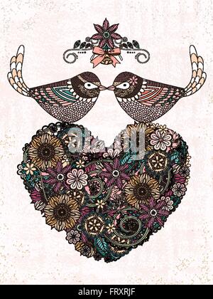 Uccelli romantica giovane con fiore a forma di cuore adulto - pagina di colorazione Illustrazione Vettoriale