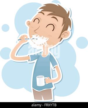 Cartoon boy sorridente spazzolando i suoi denti. Illustrazione Vettoriale