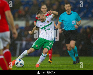 Cardiff City Stadium di Cardiff, Galles. 24 Mar, 2016. Vauxhall amichevole internazionale, il Galles contro l'Irlanda del Nord. Nord Irlanda Conor Washington spara a credito obiettivo: Azione Plus sport/Alamy Live News Foto Stock