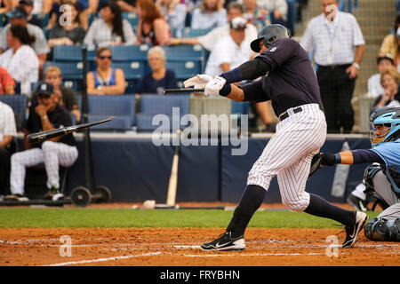 Tampa, Florida, Stati Uniti d'America. 24 Mar, 2016. Sarà VRAGOVIC | Orari.New York Yankees designato hitter Alex Rodriguez (13) scatta il suo bat su un singolo nella terza inning di gioco tra il Tampa Bay Rays e i New York Yankees in George M. Steinbrenner Field a Tampa, in Florida, giovedì, 24 marzo 2016. © sarà Vragovic/Tampa Bay volte/ZUMA filo/Alamy Live News Foto Stock