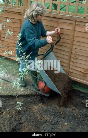 Donna Adding composto da una carriola su un nuovo reso frontiera per solo uso editoriale Foto Stock