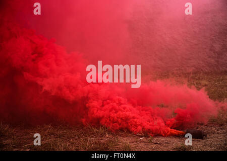 Il 5 febbraio 2016, i soldati della 25th Infantry Division parteciparono ad un'esercitazione militare su terreno urbano a bordo della Marine Corps Training area Bellows. I soldati usarono il fumo rosso per segnalare l'evacuazione medica mentre testavano le loro capacità di risposta durante l'esercizio di Lightning Forge. La formazione si è concentrata sulla loro capacità di individuare, neutralizzare o acquisire obiettivi di alto valore in ambienti urbani. Foto Stock