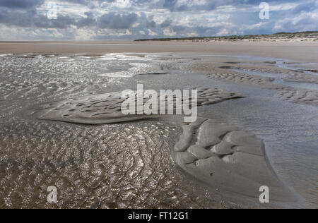 Strutture in sabbia sulla costa del Mare del Nord, Spiekeroog, Bassa Sassonia, Germania Foto Stock