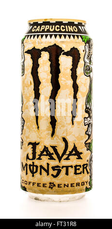 Winneconne, WI - 12 agosto 2015: Può di Java Monster caffè drink elettrico in cappuccino sapore. Foto Stock