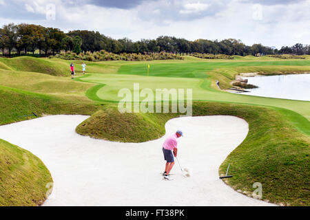 Il golfer riproduzione di un bunker a grand Cipro golf club, Orlando, Stati Uniti d'America Foto Stock